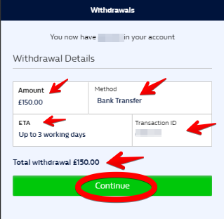 William Hill screenshot displaying bank wire betting withdrawal confirmation